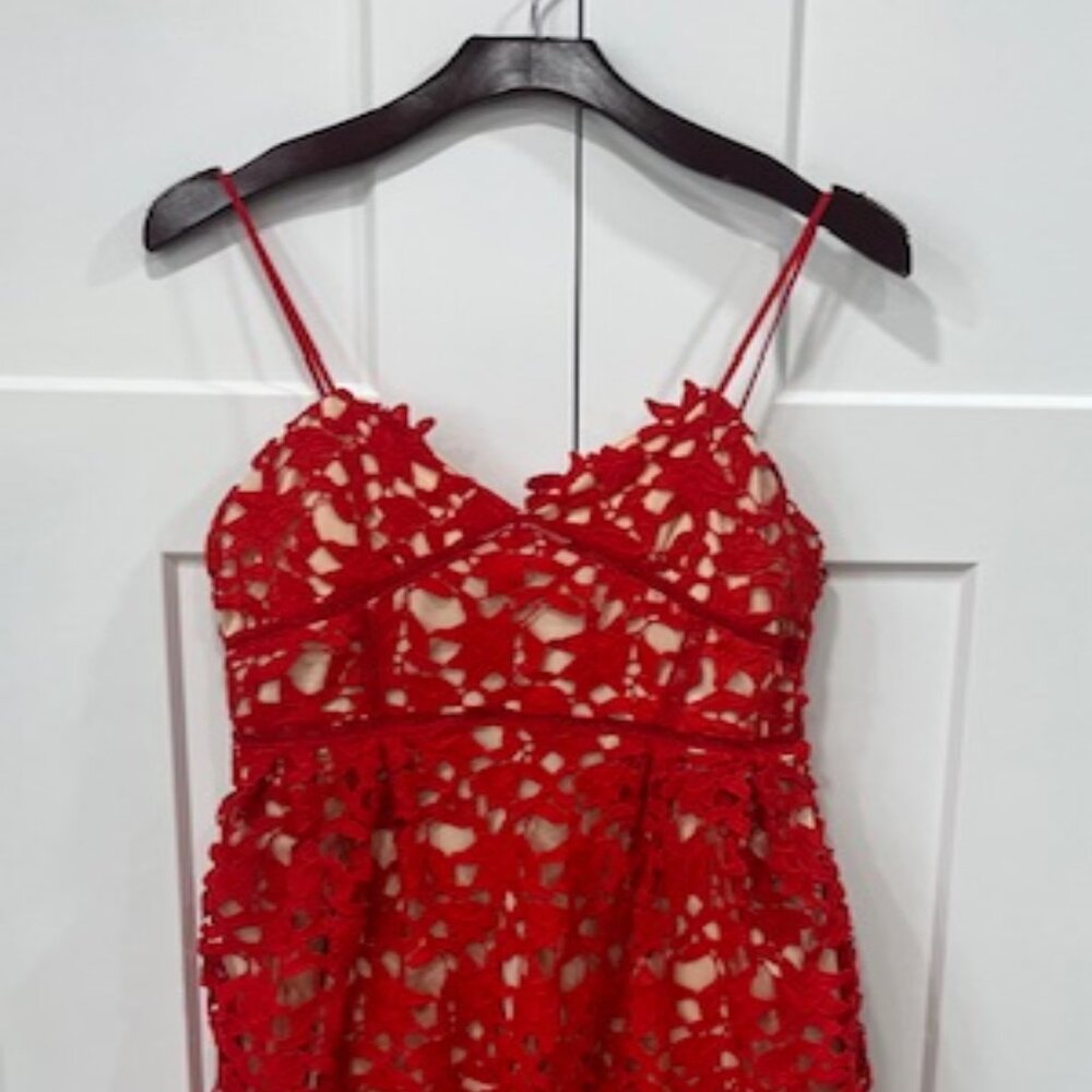 Red lace overlay midi spaghetti strap dress, size L